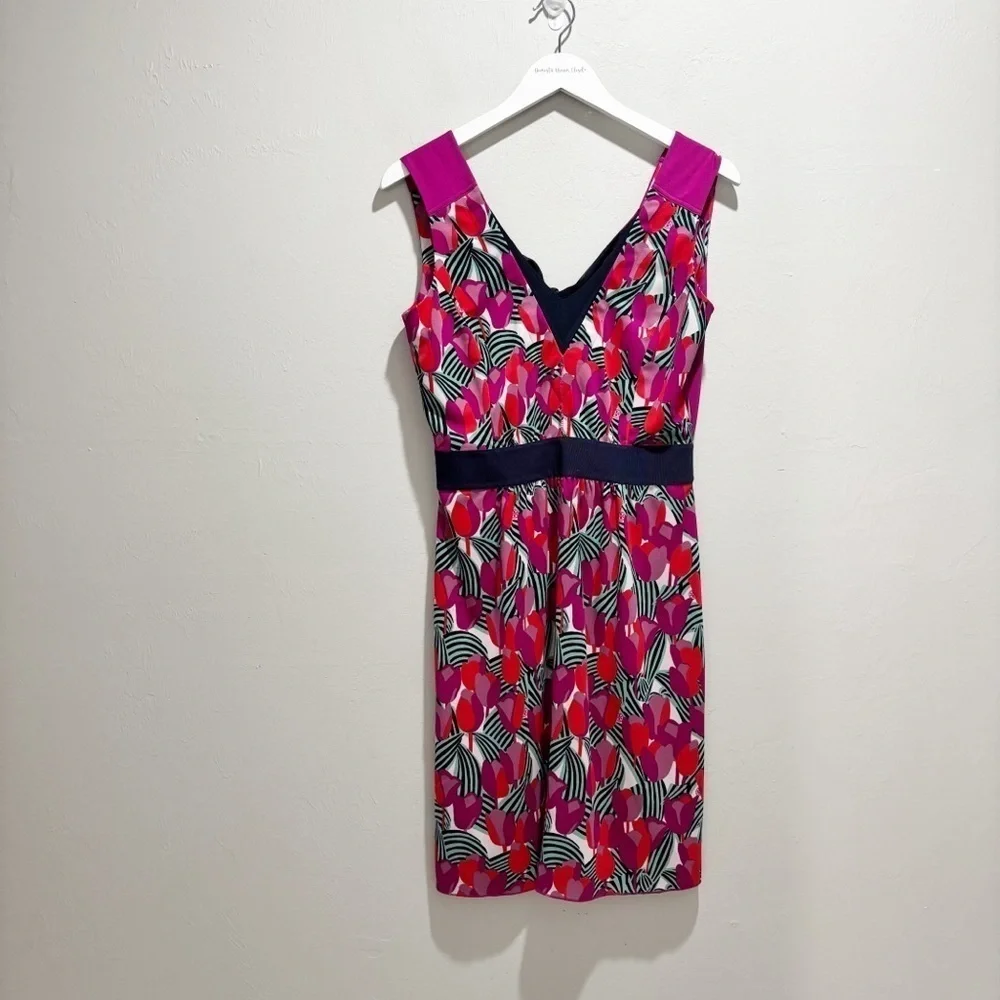 TORY BURCH Women’s Pink Blue Tulip AUGUSTINA Floral V-Neck Logo Dress Tie Sz XS